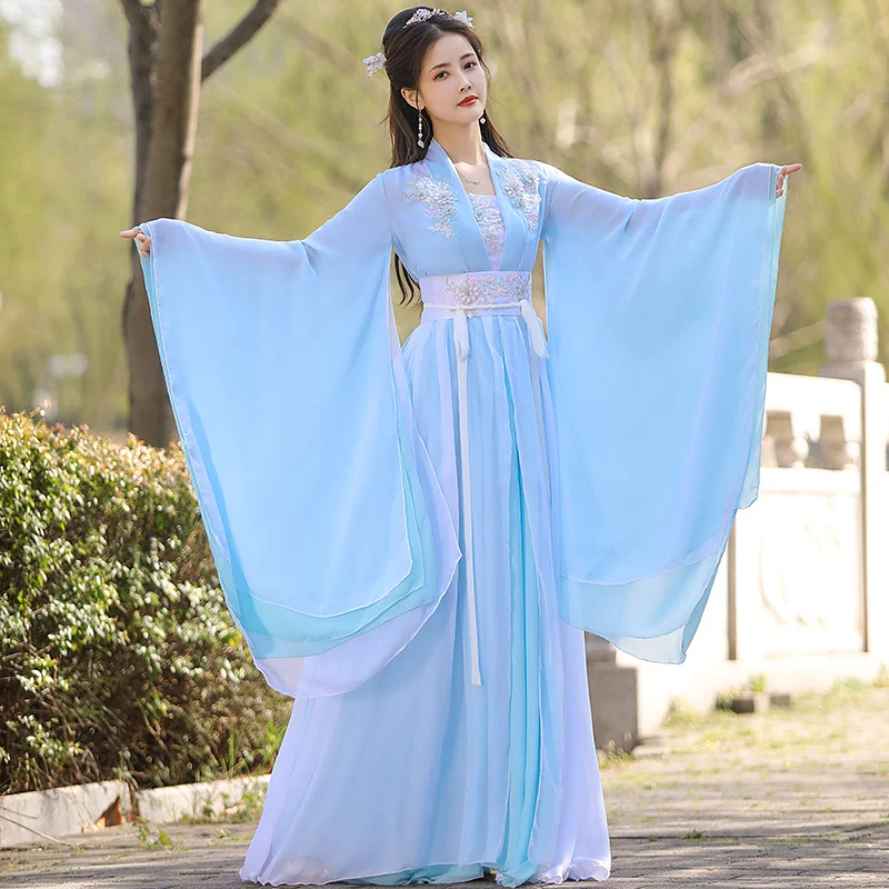 In Stock Hanfu Blue Women's Chinese Traditional Style Wide Sleeved Fairy Ancient Costume Immortal Performance Improved Adult 3XL