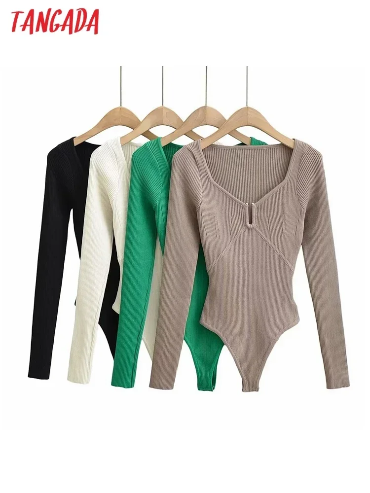 Tangada 2022 Women Sexy Green Knit Bodysuit V Neck Long Sleeve Female Overalls Sweater Bodysuits LK58