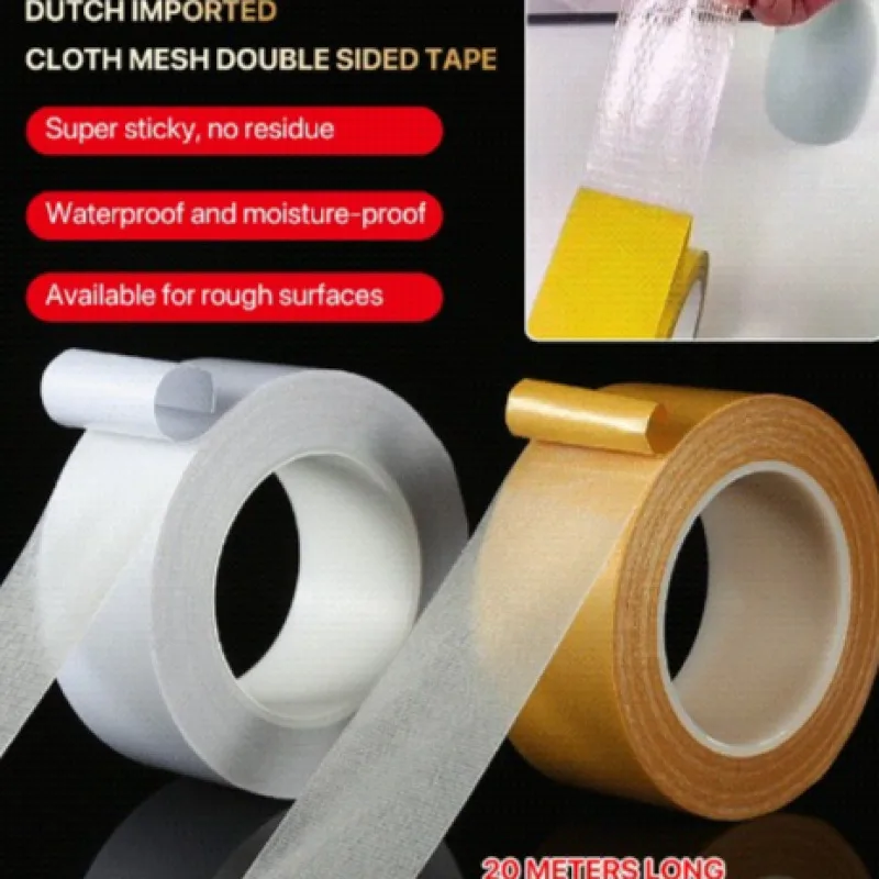 20M New Strong yellow Double Sided Cloth Base Tape High Viscosity Grid Fiber Translucent Adhesive Tape Waterproof Traceless