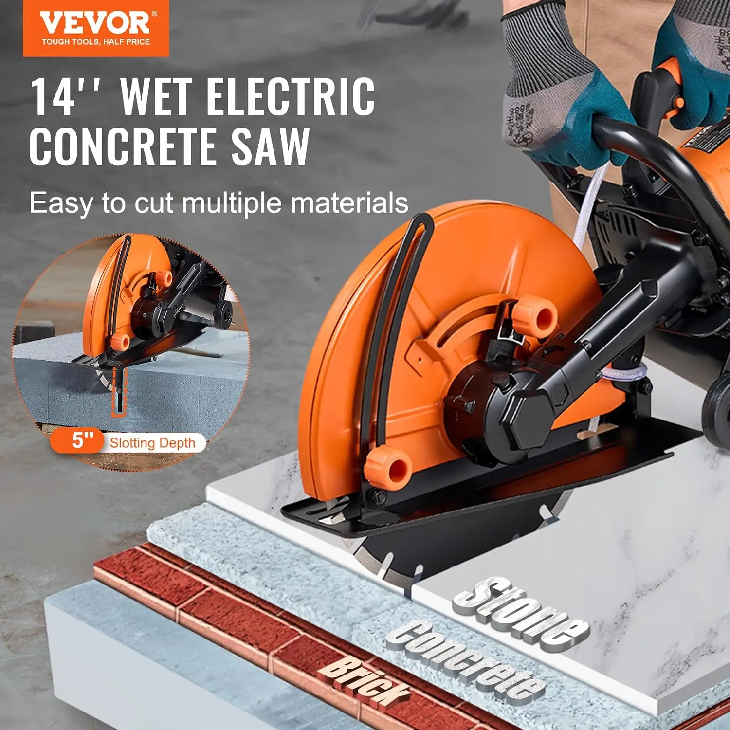 Electric Concrete Saw, 14 in, 2600 W Motor Circular Saw Cutter with Max. 6 in Adjustable Cutting Depth, Wet Disk Cutter Includes