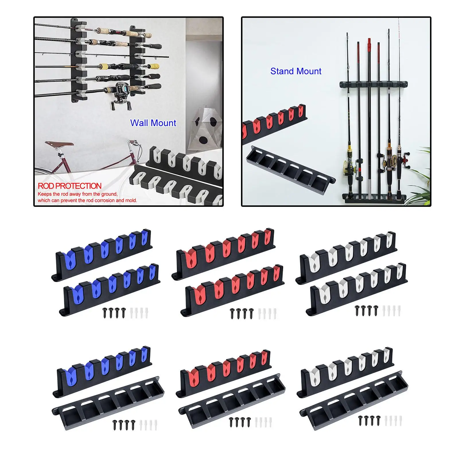 1 Pair 6 Fishing Rod Wall Rack Easy Setup for Garage Boat Vehicle ABS Material EVA Foam Grip Pad Professional Durable Travel