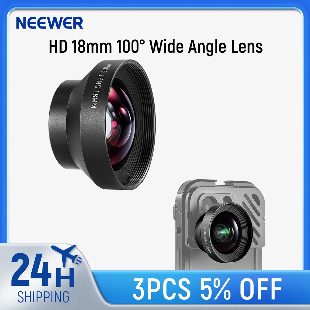 NEEWER HD 18mm 100 ° 광각 렌즈, 아이폰 삼성 휴대폰 케이지 리그, 17mm 렌즈 어댑터 포함, 0.5X 배율