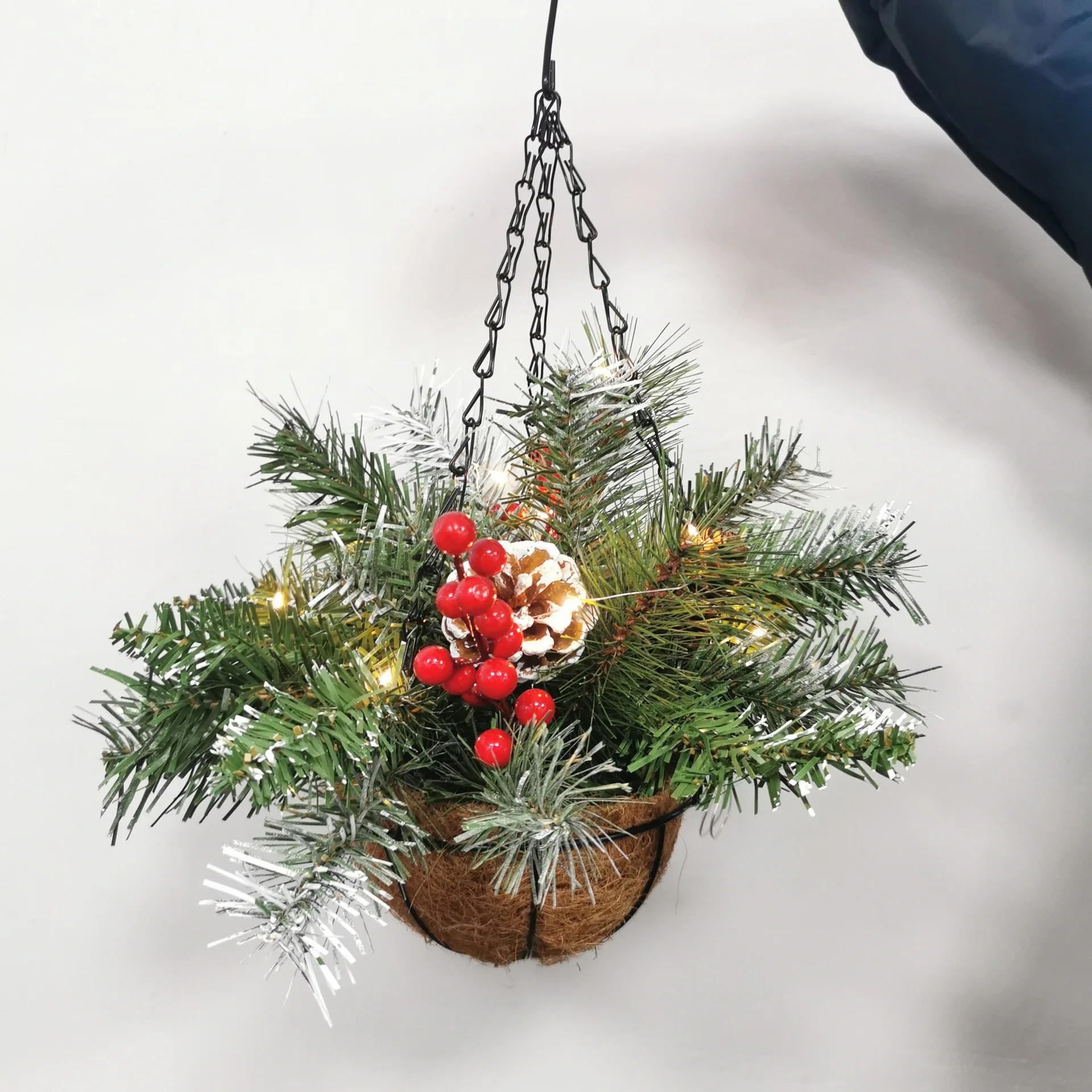 Artificial Christmas Hanging Basket, Decorated With Berry Pine Cones Pine Branches and LED Lights for Merry Christmas Decoration