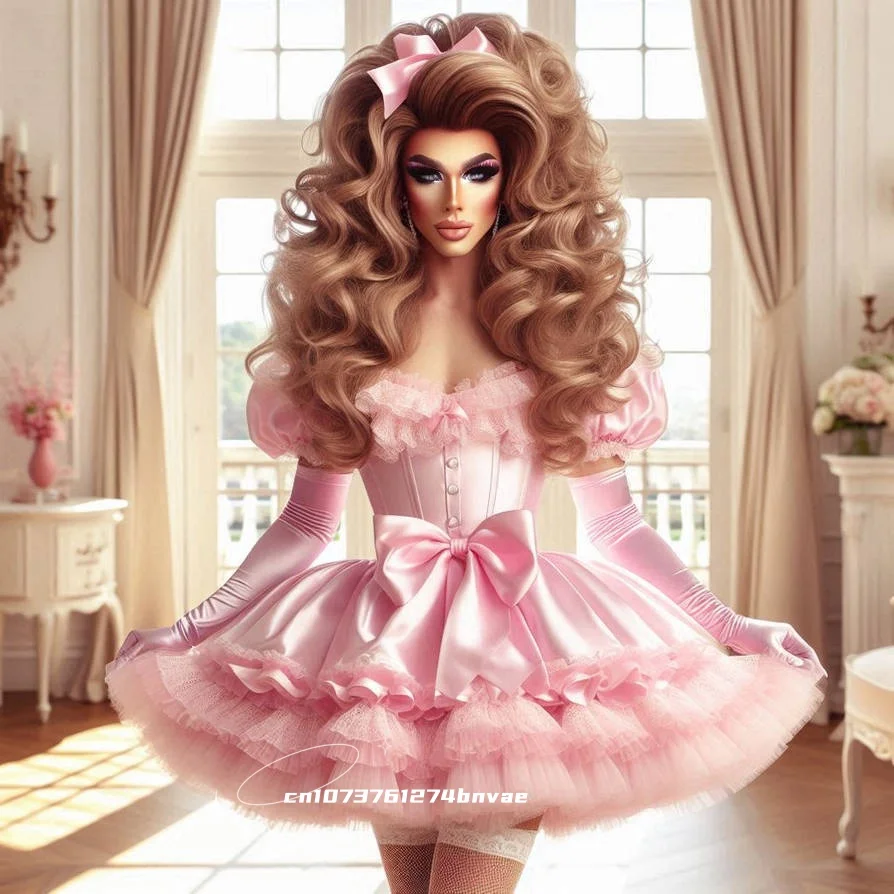 فستان قصير للحفلات الراقصة باللون الوردي الكشكشة والدانتيل الساتان لوليتا فستان الحفلات التنكرية مع فيونكة 2026 مخصص خارج الكتف وأكمام منتفخة #1