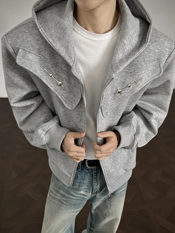 

Модный мужской кардиган с подкладкой на плечах, свободный свитшот с капюшоном, повседневная молодежная одежда на молнии с длинными рукавами