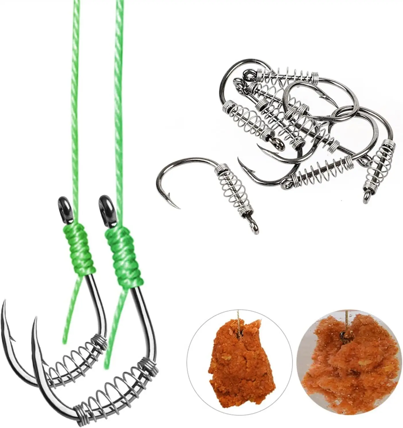 FishTrip Frühlings-Angelhaken, 20–80 Stück, Hetze, Teig, gerippter Fisch, Federgerät, Kohlenstoffstahl, Kreis, Oktopus-Haken, Süßwasser