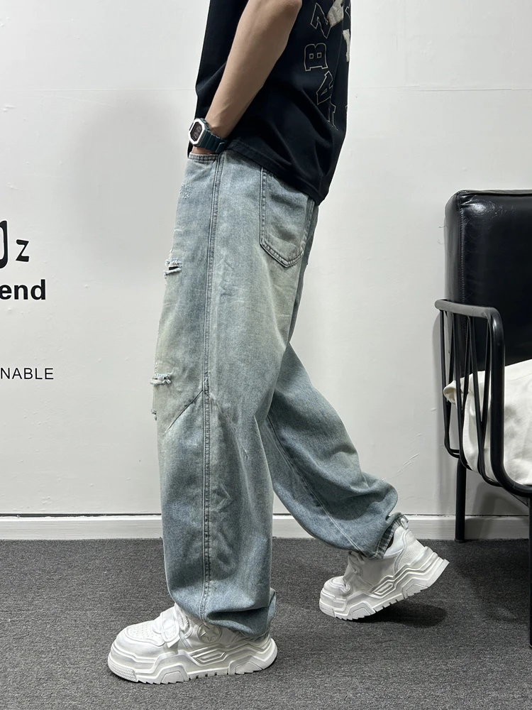 Retro Amerikanische Loch Denim Jeans Männer Sommer Neue Faion High Street Taille Im Freien Messer Hosen Gerade Bein Lose Fit