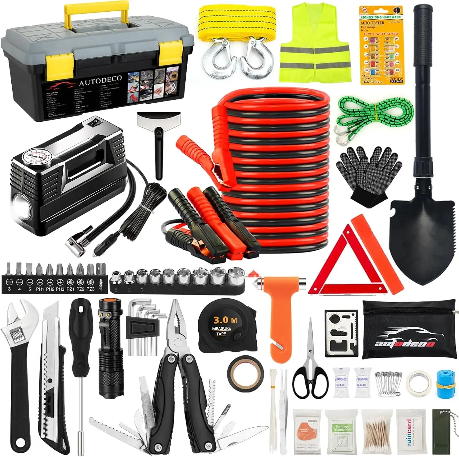 

Orange 98 PCS All in One Roadside Car Emergency Assistance Kit with Air Compressor, Safety Jumper Cables, and Pliers Tool Set.