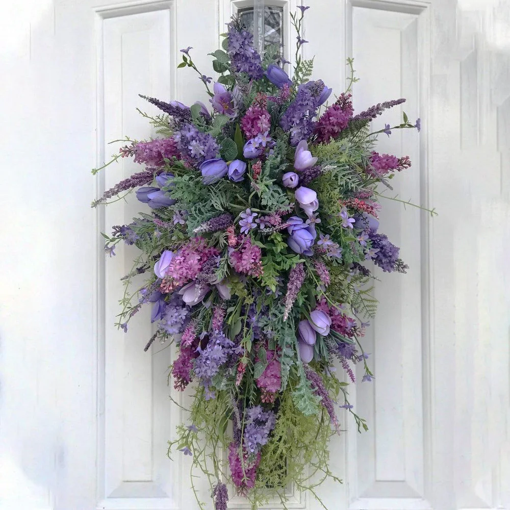 Spring Purple Tulip Wreath Summer Artificial Flower Lavender Garland Home Decoration for Wedding Entrance Garden Front Door