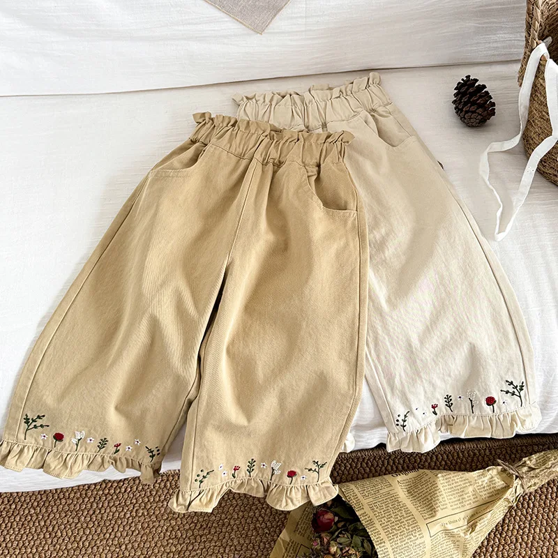 Girls Pants 2024 Autumn New Childrens Wear Korean Baby Girl Idyllic Style Cute Pants Embroidered Bracts Casual Simple Daily