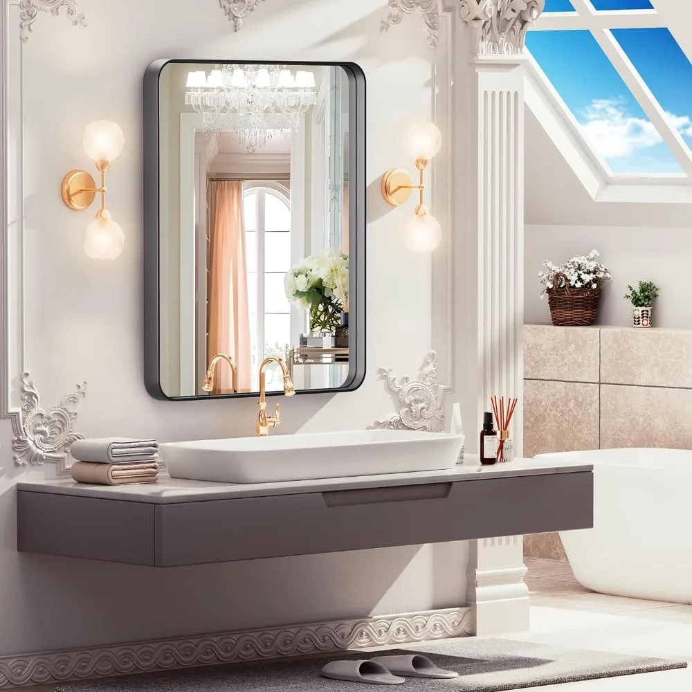 Specchio da parete da 24 pollici da 20 pollici per bagno, specchi da bagno rettangolari con struttura in metallo nero, specchio da trucco moderno a parete per bagno