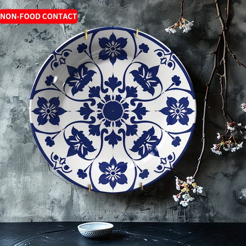 

1 шт. сине-белая керамическая декоративная тарелка с цветочным принтом — элегантный цветочный узор, декоративная тарелка без пищевых контактов для дома, жизни