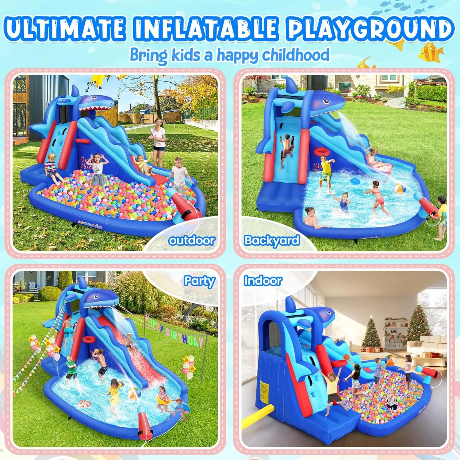 Shark-Themed Inflatable Water Park for Kids: Outdoor Blow Up Water Slides with Climbing Wall, Basketball Rim, Splash Pool & Water Cannon for Backyard Fun view 4