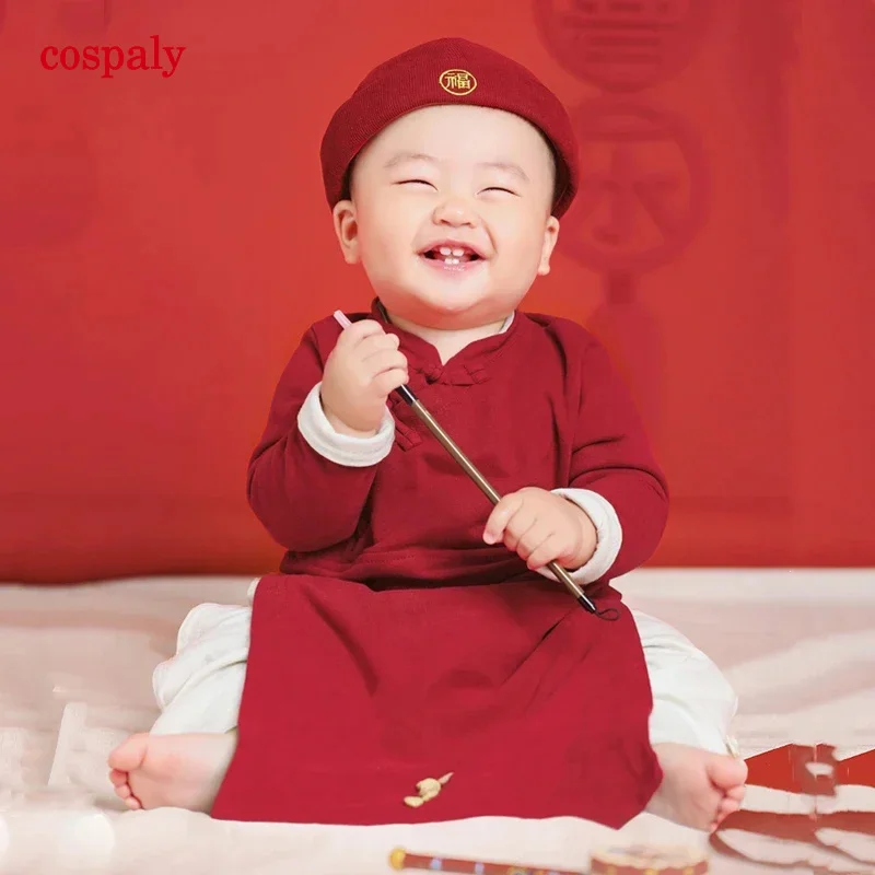 A 2022New Chinese Hanfu For Baby Kids Boys Chinese New Year Outfit Red Traditional Clothing Kung Fu Cotton Birthday Gift