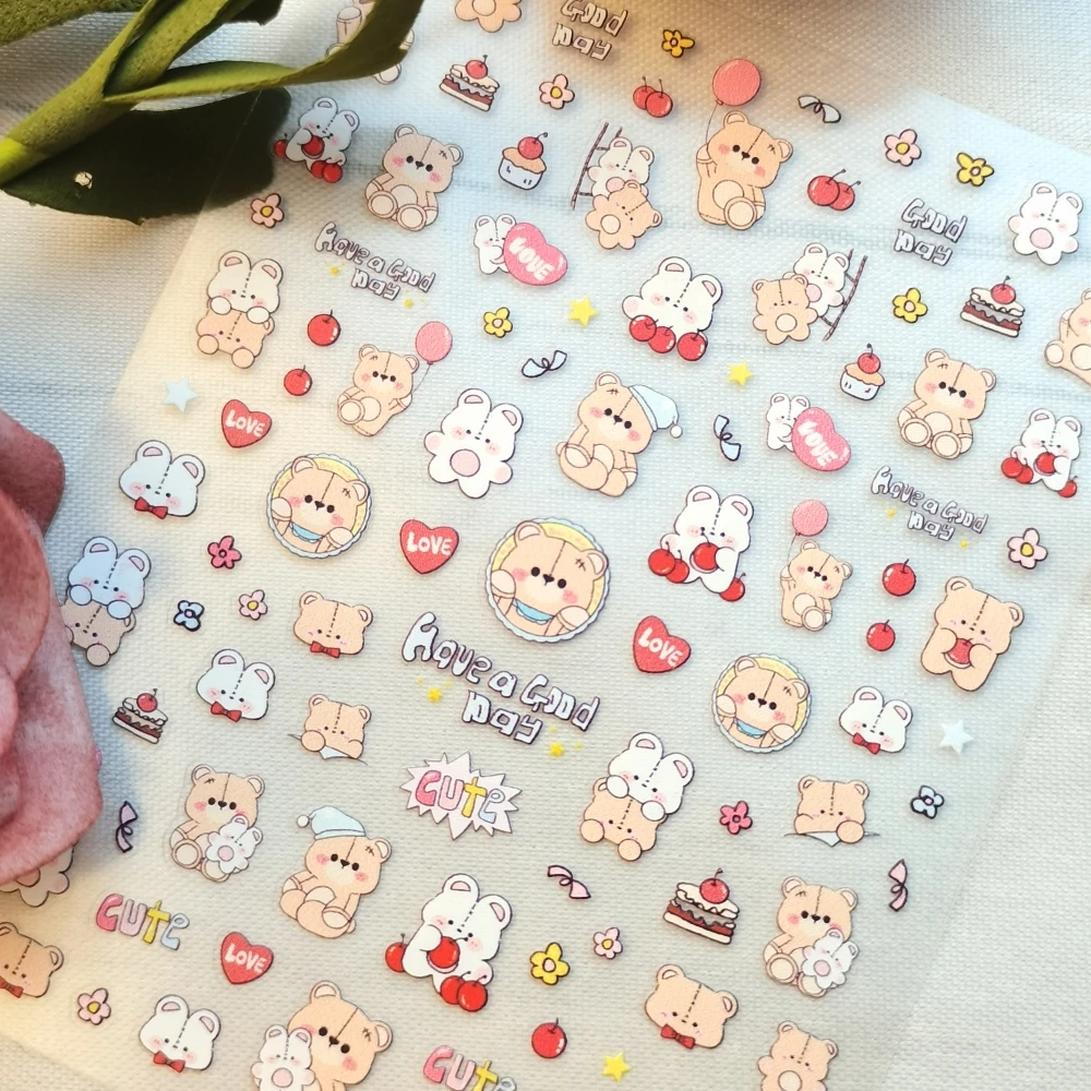 1 sheet Cute Bear Rabbit New Cartoon Animal Nail Art Stickers Nail Decals for Manicure fashion Design DIY Happy Accessories