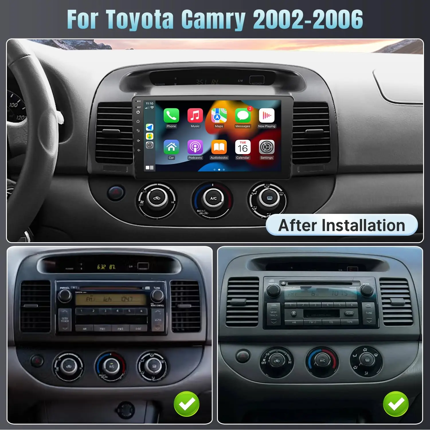 شاشة لمس IPS مقاس 9 بوصة لسيارة Toyota Camry (إصدار غير J.B.L) ستيريو 2002-2006 مع Carplay Android Auto/FM/Bluetooth/GPS/WiFi/MIC