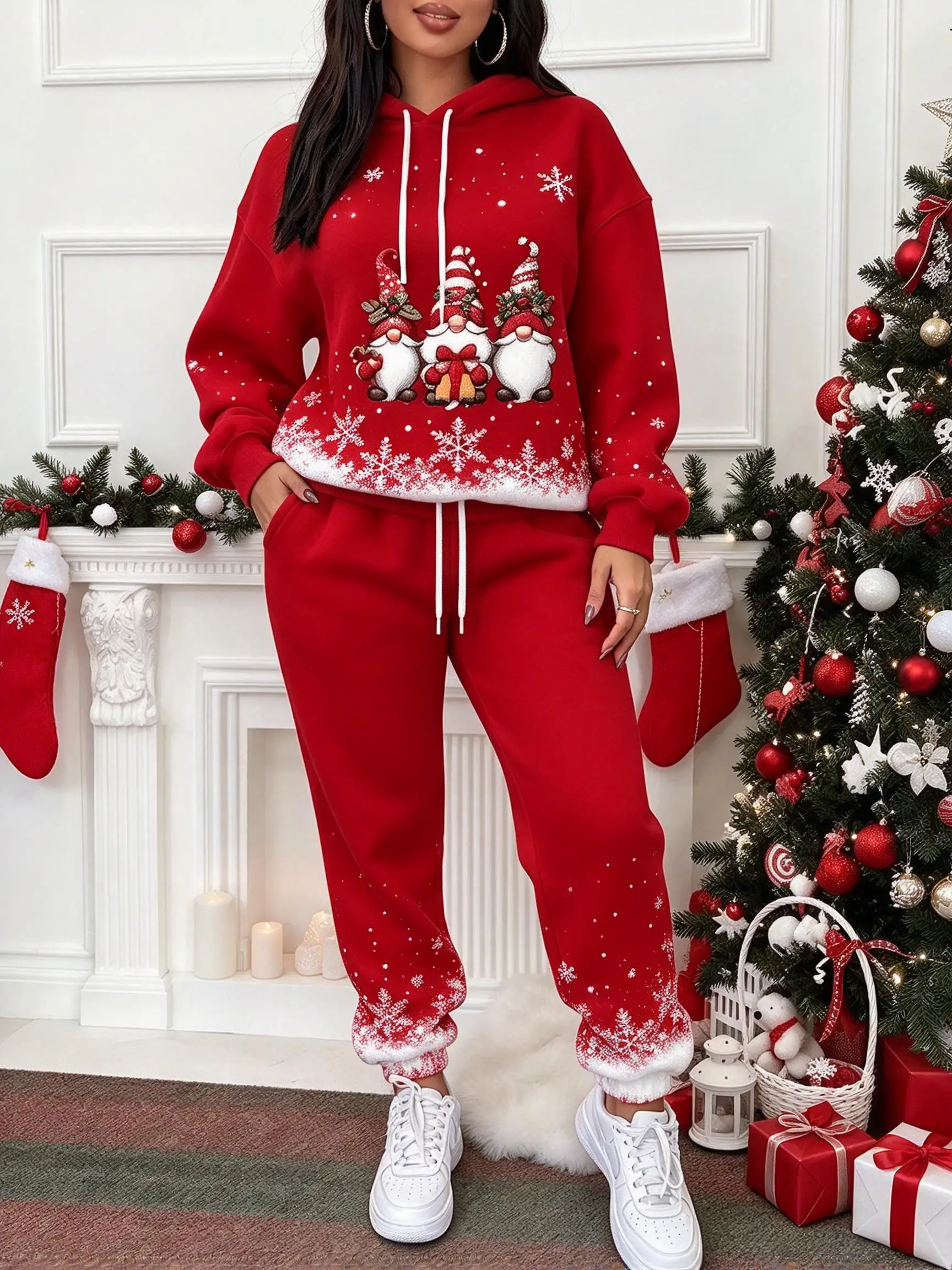 Winter Festive Christmas Embroidery Style Print 2 Piece Outfit, Hoodie and Jogger Matching Set for Women