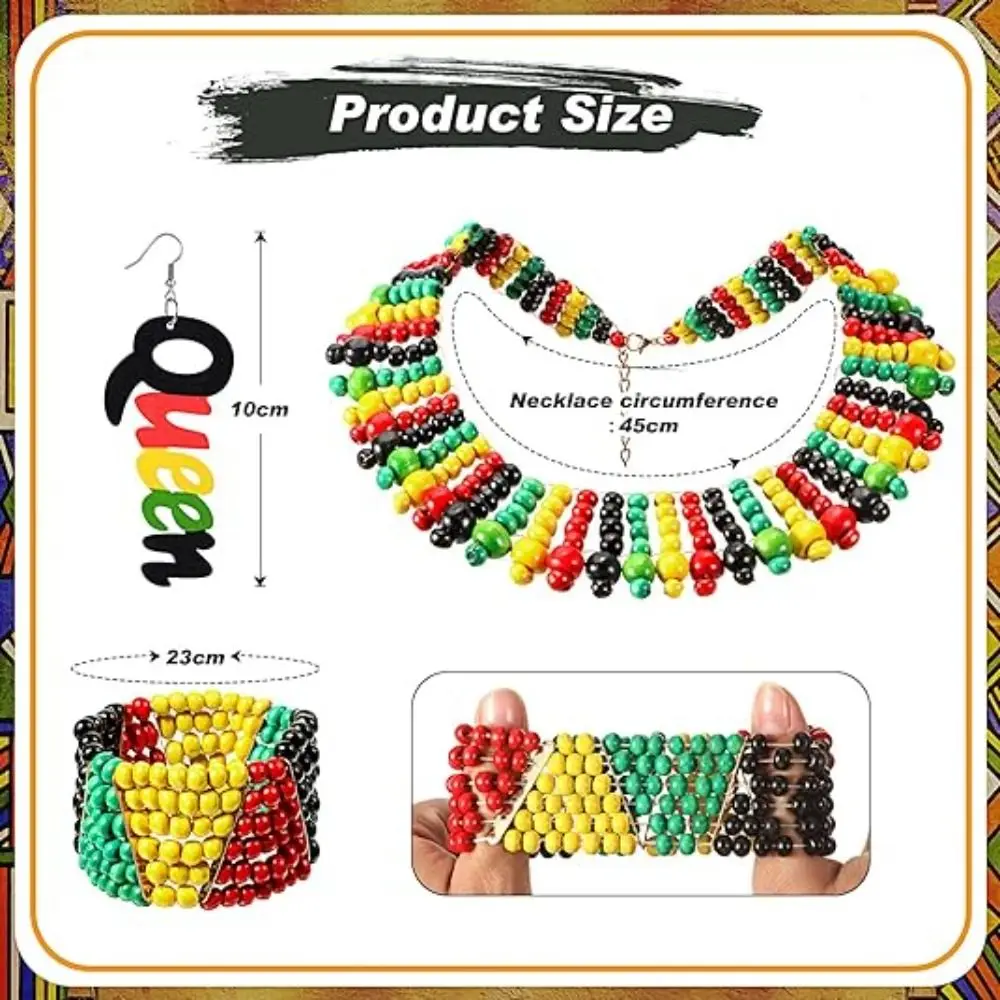 Colorful Beads Jamaican Necklace Earrings Set Wooden Beads African Style Bracelet Woven African Women's String Collar Charm