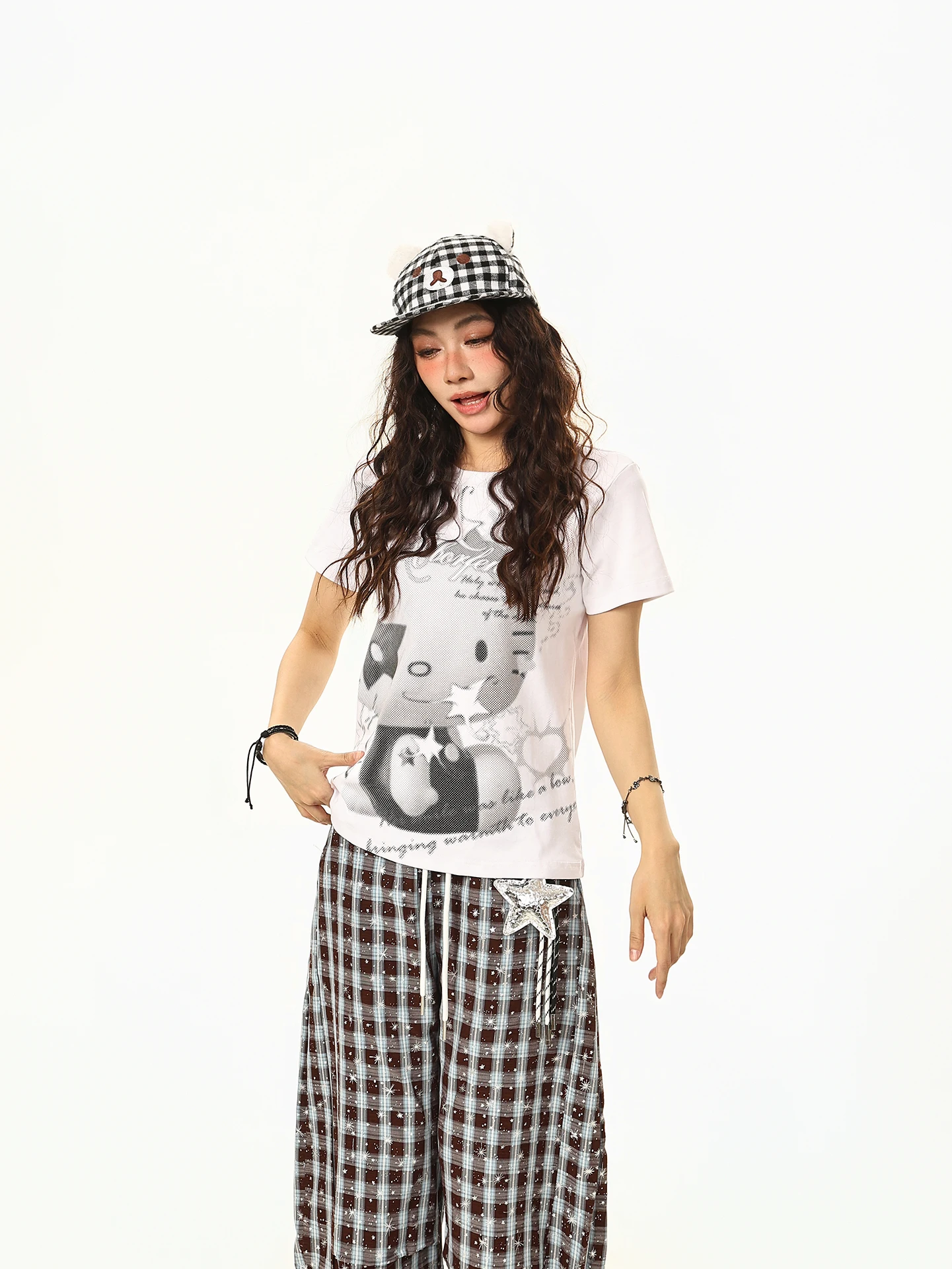 

Женская футболка Boeax American Retro Kitty с принтом, круглым вырезом и короткими рукавами, летняя, приталенная, в стиле Cool Sweet Style