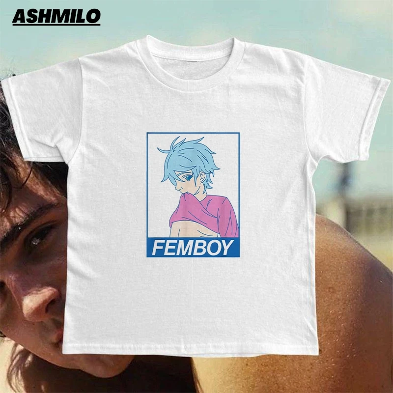 Femboy Tee Women Harajuku Anime Tee Female Japanese 2000s Streetwear Clothes Harajuku Y2K Tshirt Girl Graphic Oversize Clothing