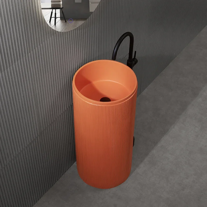 Nordic Orange-red Column Basin Washbasin Integrated Column Basin Bathroom High-end Column Washbasin Round