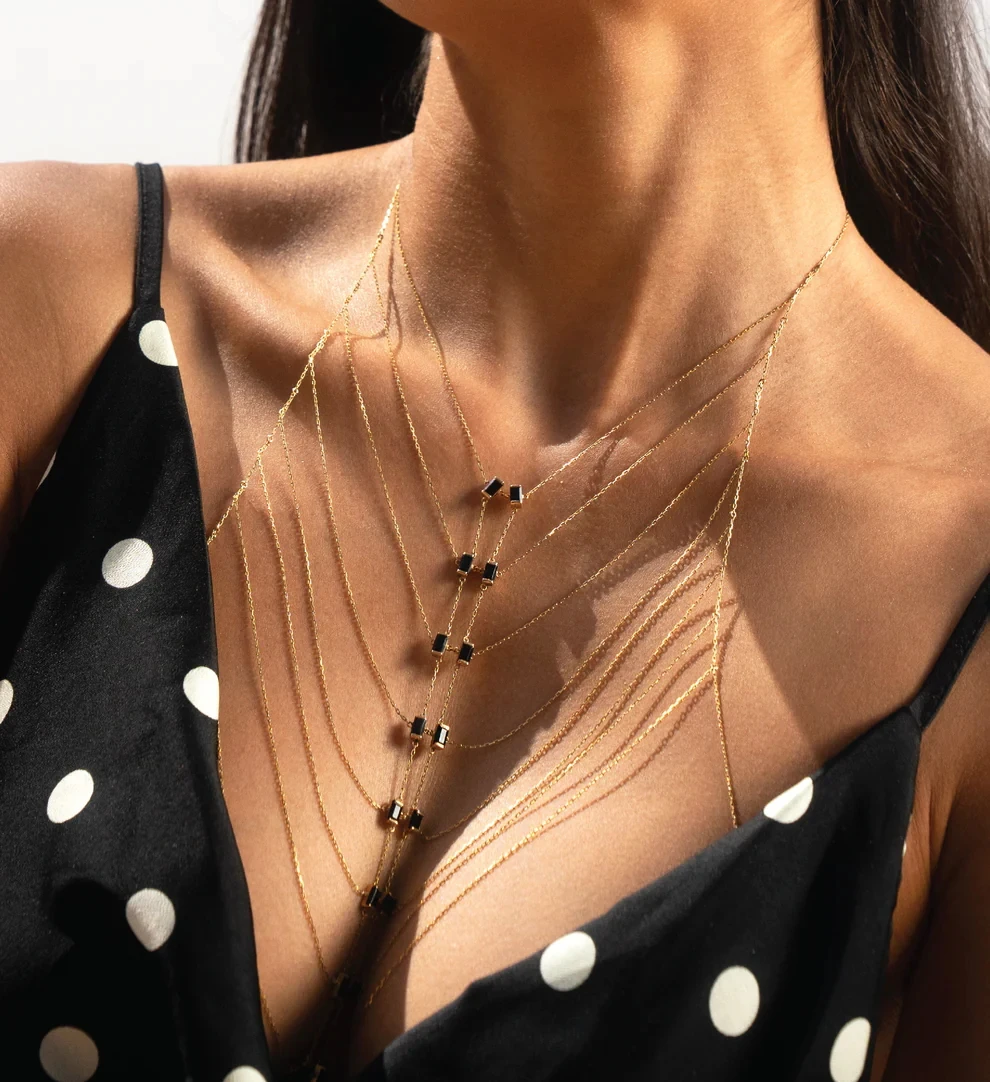 

2025New Hot Fashion High Quality Micro Pave Bling Cz Multi Layer Chest Chain Necklace Summer Beach Party Sexy Body Jewelry