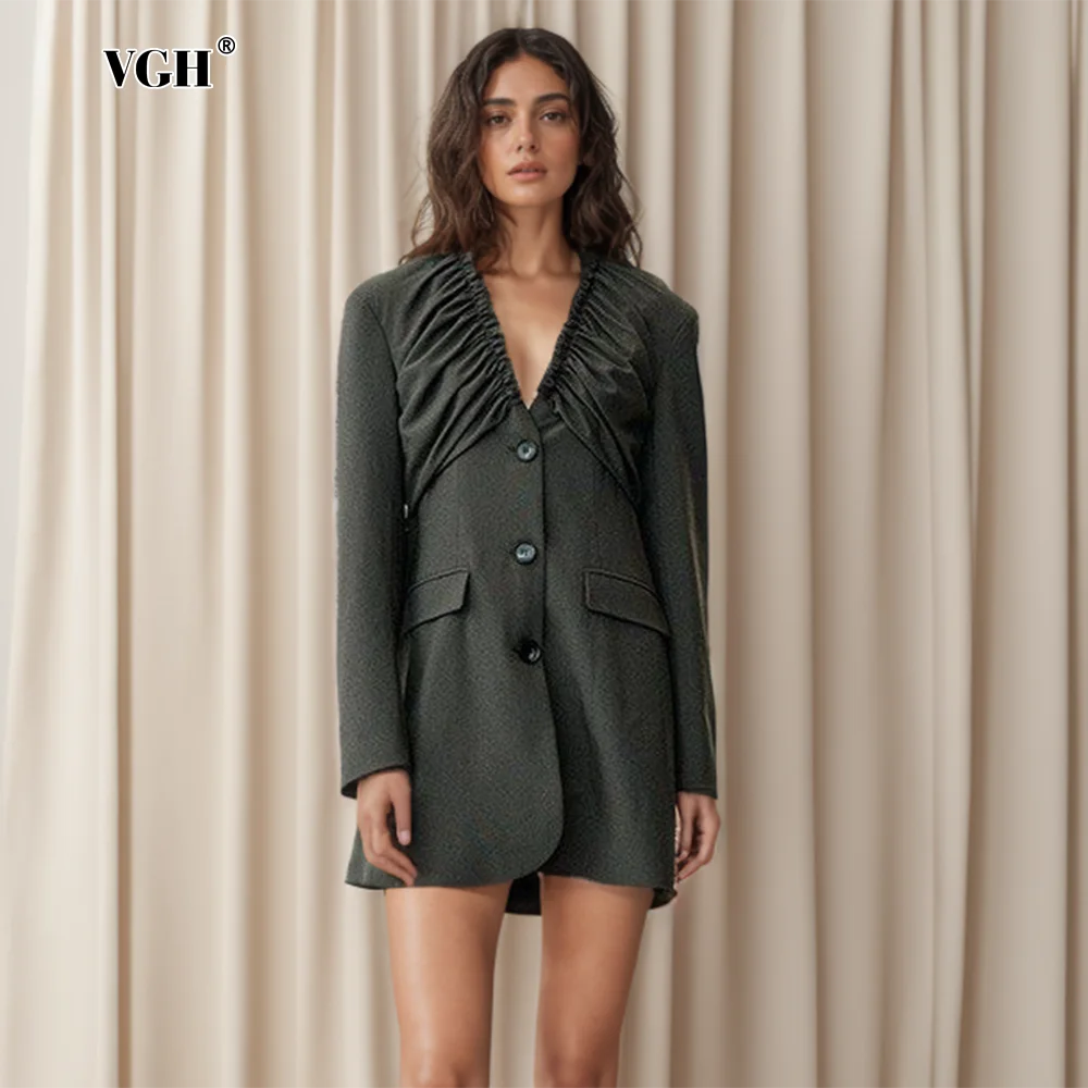 

VGH Solid Spliced Folds Blazer For Women V Neck Long Sleeve Patchwork Single Breasted Temperament Blazers Female New