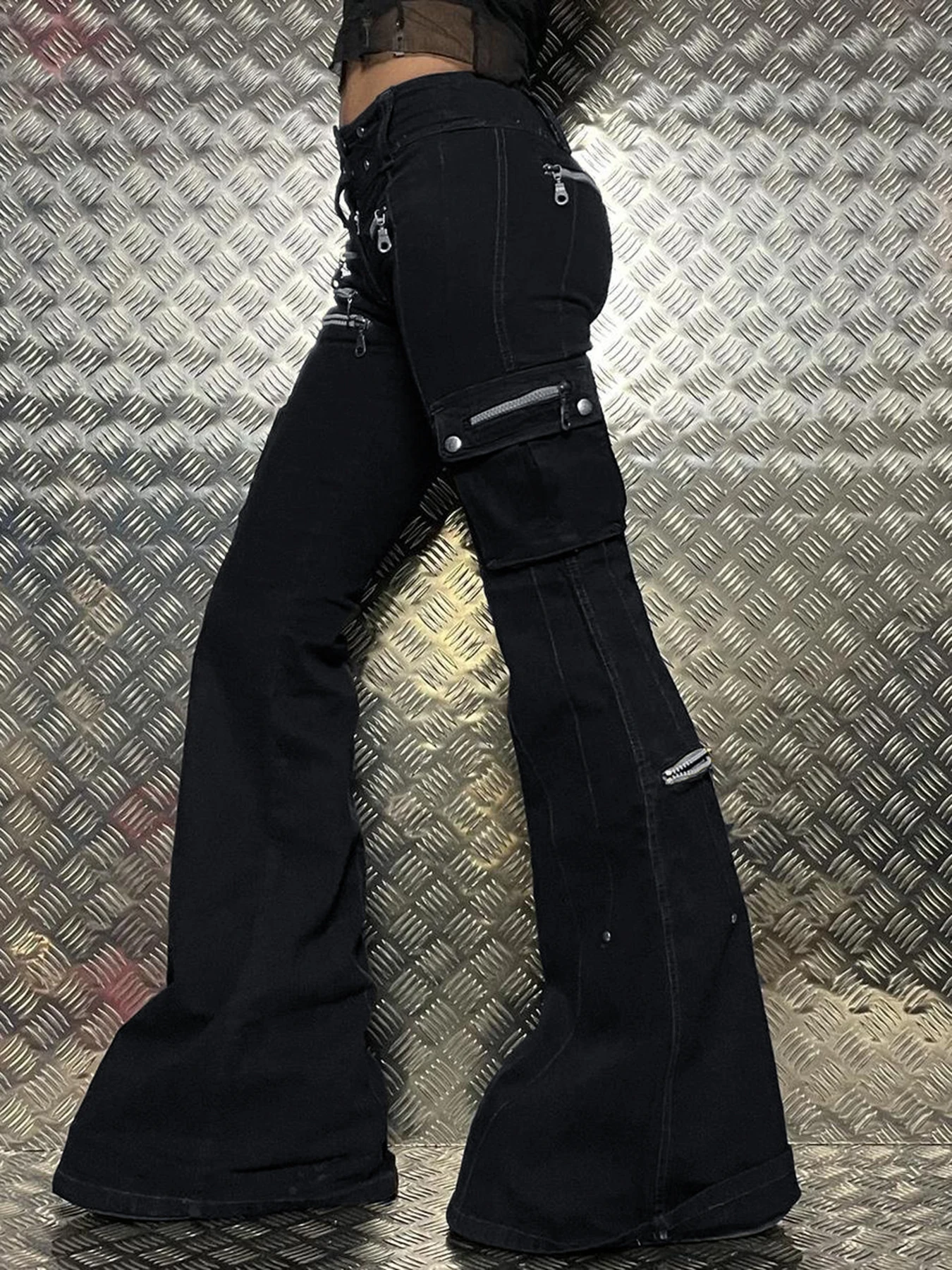 Rockmore Gothic Zipper Flare Jeans for Women Low Waist Cargo Pants Punk Hip Hop Jean Streetwear Denim Trousers Goth Mall Grunge