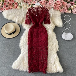 Summer Fashion Sexy V Neck Slim Sheath Bodycon Dresses Women Hollow Out Pencil Lace Dress Ladies Short Sleeve Long Party Dress