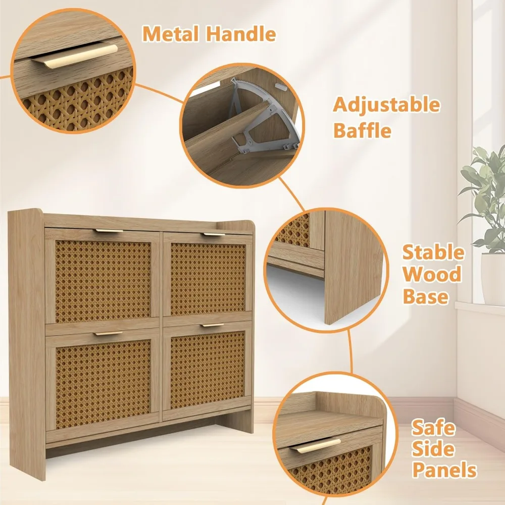 رف منظم للأحذية الضيق قائم بذاته مع درجين وأرجل معدنية، وخزانة تخزين خشبية طبيعية للمدخل