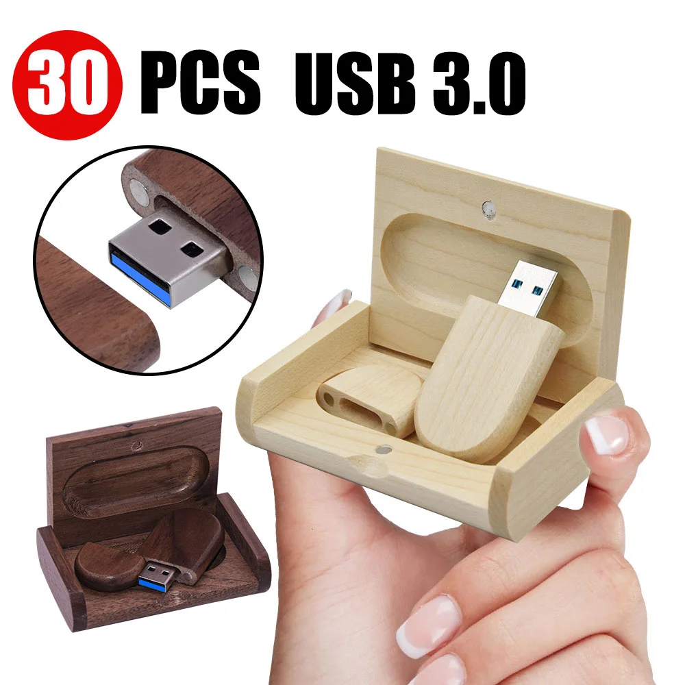 

30pcs/lot Wooden USB 3.0 Flash Drives 128GB Free Custom Logo Pen drive 64GB with Box Memory Stick Creative gift Laptop U disk