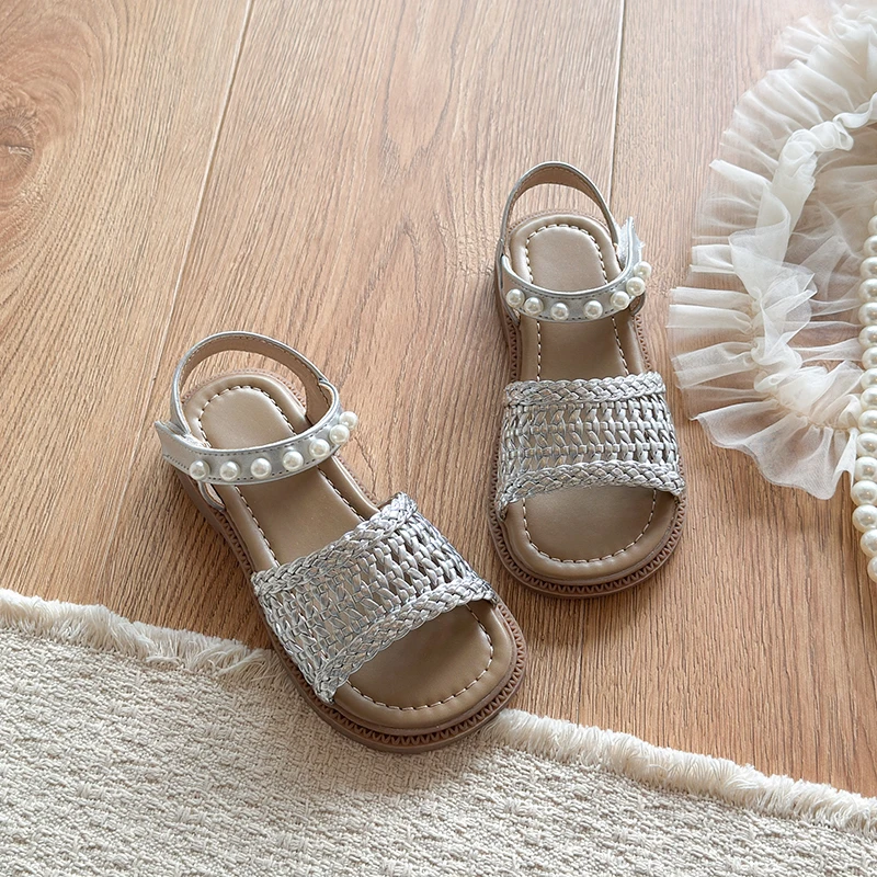 Girls Braided Sandals with Beaded Strap 2026 New Summer Toddler Chunky Beach Shoes Non-slip Trendy Girls Party Wedding Footwear