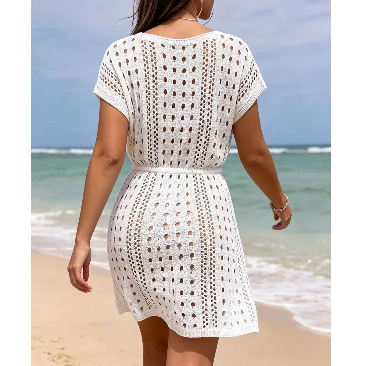Solid V Neck Fringe Tie Kintted Short Dress, Vacation Style Waist Cinch Hollow Out Beach Cover-Up, Casual Women's Beachwear