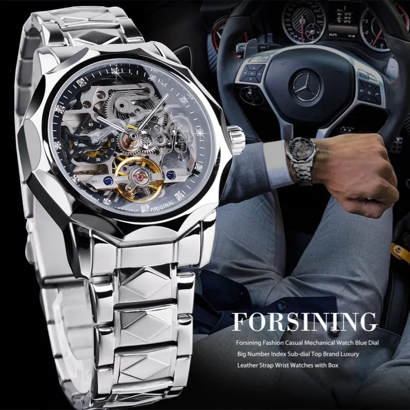 Forsining 199A Men\'s Luxury Design Skeleton Stainless Silver Steel Wrist Watch Clock Automatic Mechanical Male Watches Gift