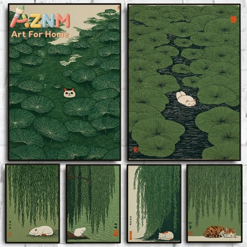 1pc frameless Japanese Style Green Nature and Cat Poster Willow Tree Lily Pond Scenery Canvas Painting Wall Art for Living Room
