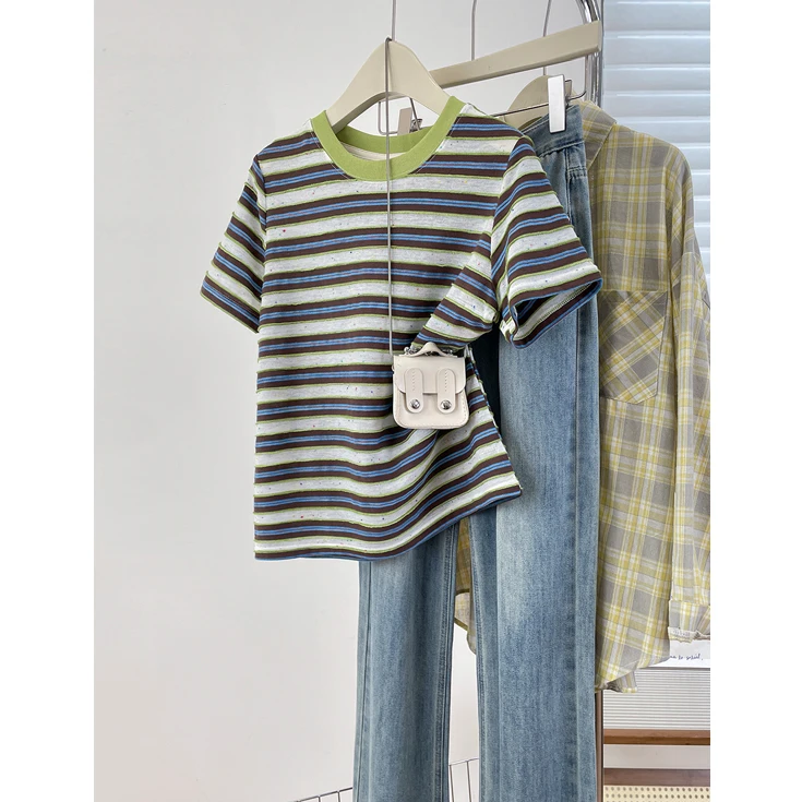 Millennial Style Dopaamine Color Block round Neck Striped T-Shirt Women Summer New Loose Fit Cotton Short Sleeve Casual Wear
