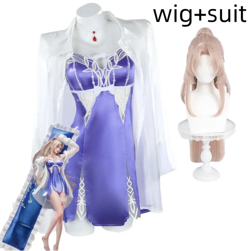 Игра Naraka: Bladepoint Yoto Hime Косплей Костюм Пижама Белая Рубашка Пальто Синий Спальный Халат Платье Парик Женский Сексуальный Повседневный Костюм6;d