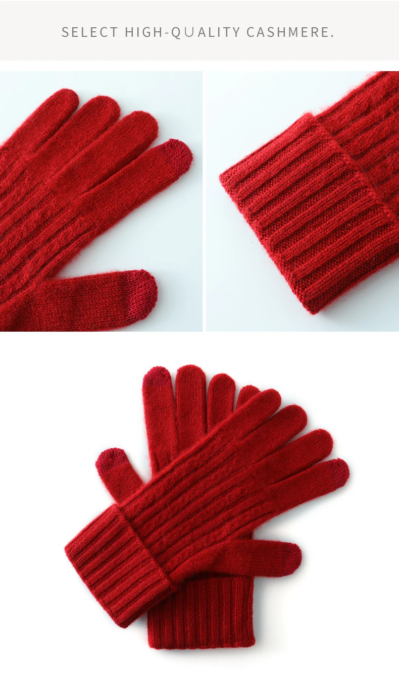 Winter High-Quality 100% Real Cashmere Touch Screen Gloves Women Soft Warm Stretch Knit Mittens Full Finger Guantes Female