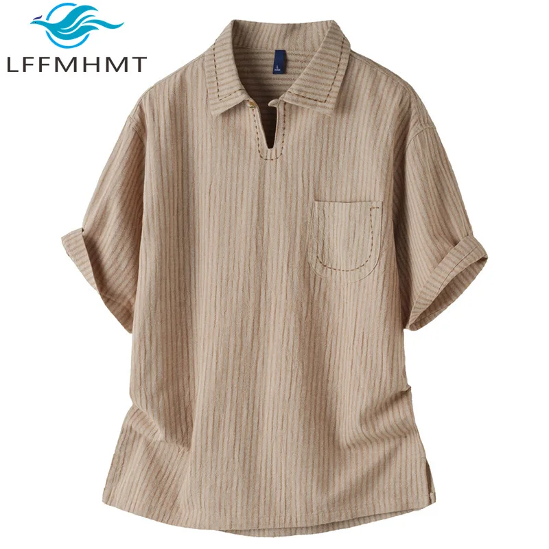 

T9031 Men's Striped Short Sleeve Casual Shirt 100% Cotton Good Quality Loose Casual Vintage Polo Collar T-shirt Male