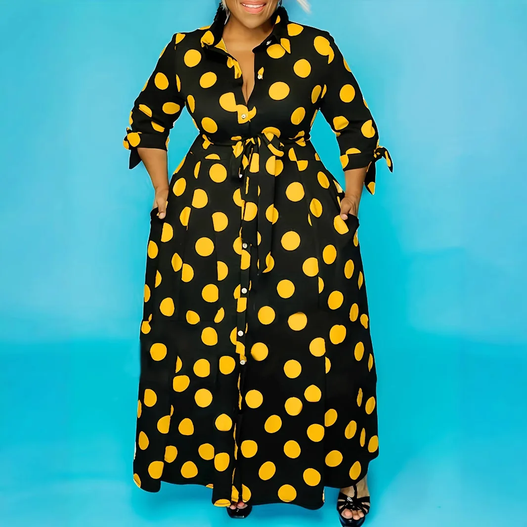 

Платье с принтом в горошек и длинными рукавами, А-силуэт, большие размеры, женская модная одежда из комфортной дышащей ткани