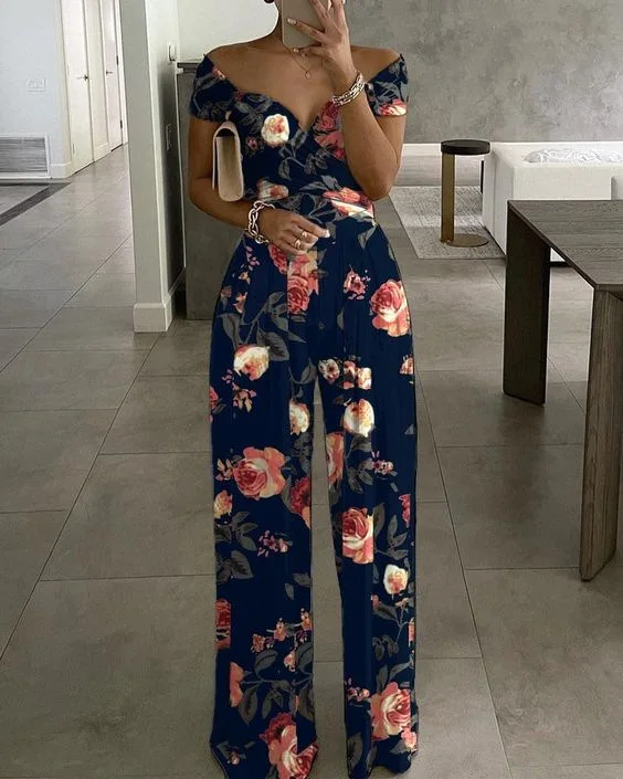 Summer Women Clothing Fashion V Neck Short Sleeve Plus Size Vacation Plants Print Wide Leg Jumpsuit Beach Wear One Piece