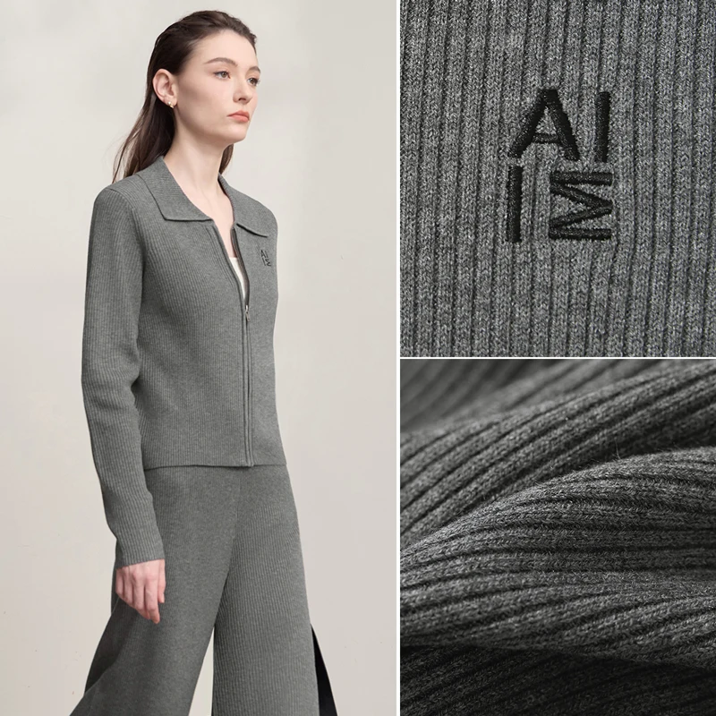 AMII Cardigan for Women 2025 Autumn New Minimalist Commuter Embroidery Versatile Slim Knitting Casual Wide-leg Trousers 12543128