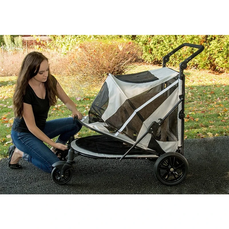 NO-Zip Pet Stroller Push Button Zipperless Entry Single or Multiple Dogs/Cats,Pet Can Easily Walk in/Out,Gel-Filled Tires