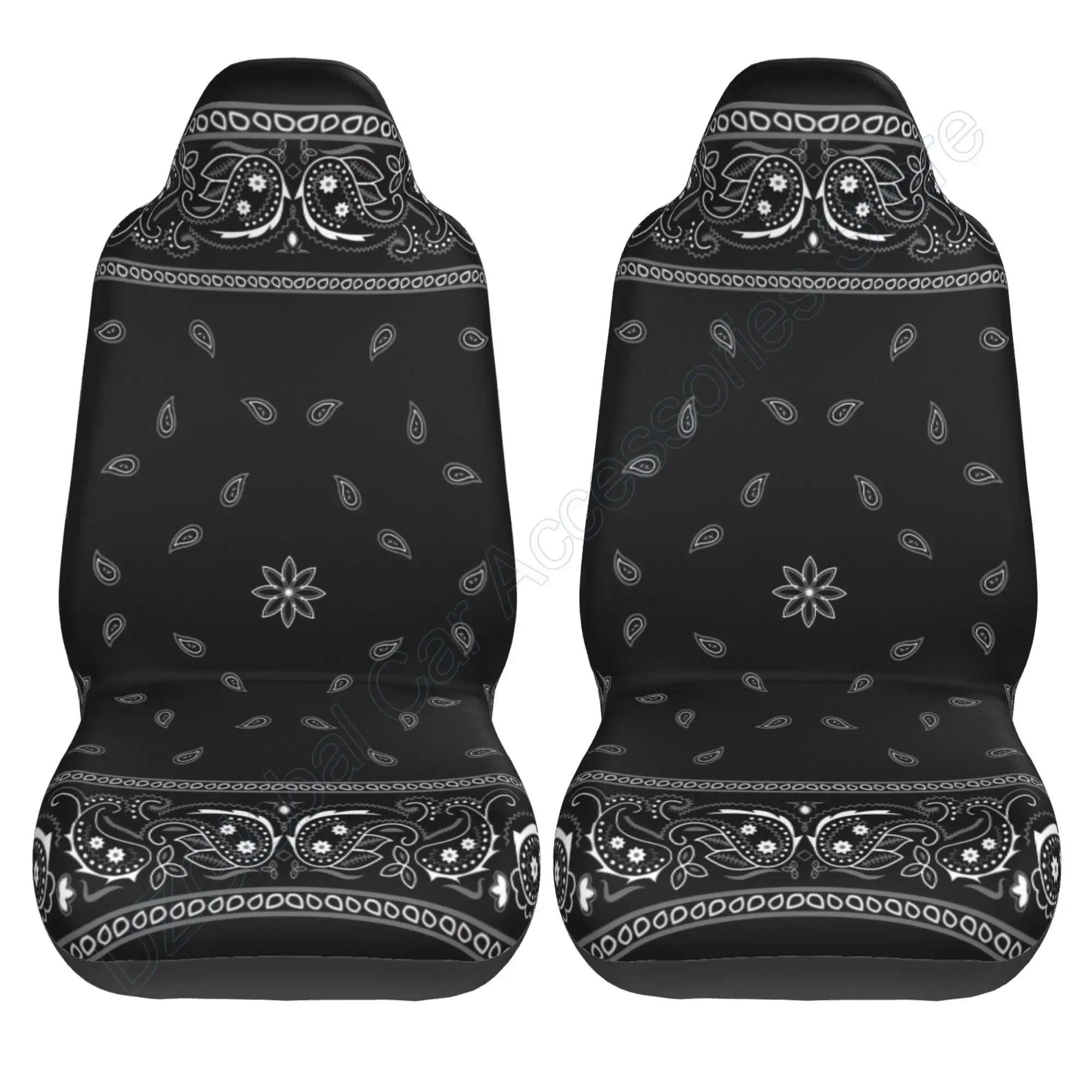 Car Seat Covers Colorful Paisley Black Pattern Bandanna Border Scarf White Set of 2 Auto Accessories Protectors Car Decor