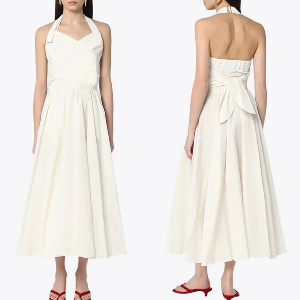 

Customized Back Bow Halterneck Midi Dress A-Line Evening Dresses Occasion Formal Exquisite High Quality Prom Party Gowns Women
