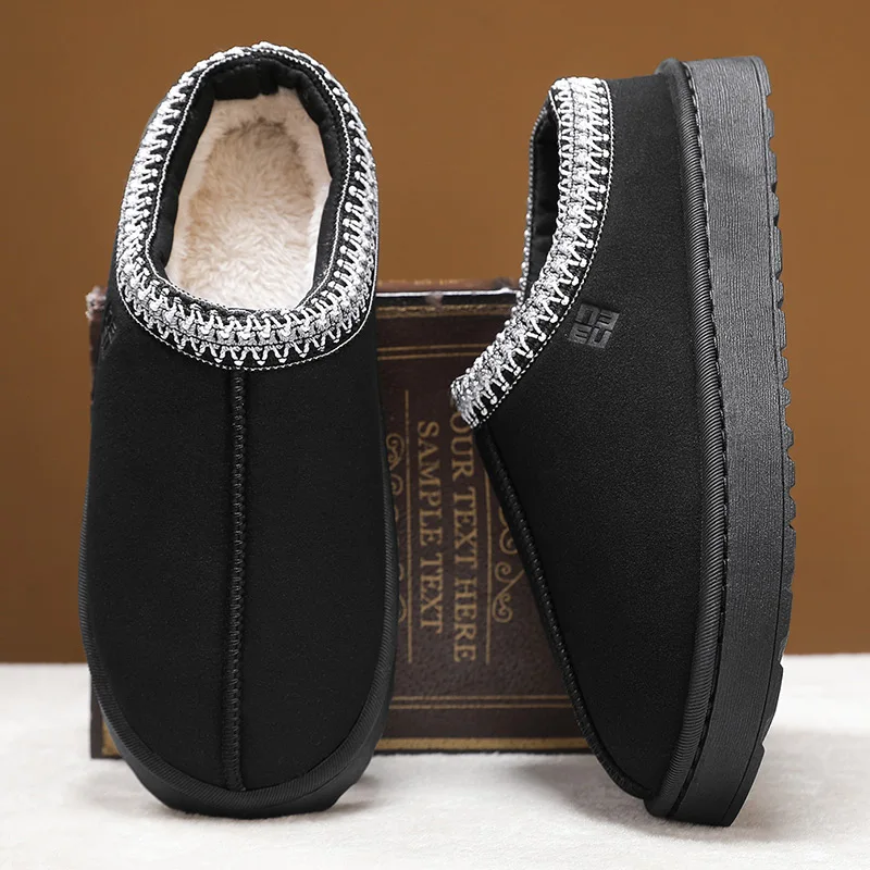 2024 Men\'s Fleece-fur Warm Thick Sole Slippers Sponge Sole Cotton Shoes Winter Without Heel Men\'s Leisure Cotton Shoes