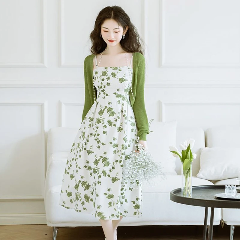 Women Summer Vintage Chic Green Dress 2023 New Thin Knit Sun Shirts Sleeveless Dresses Two Piece Sets Lady Graceful Outfits