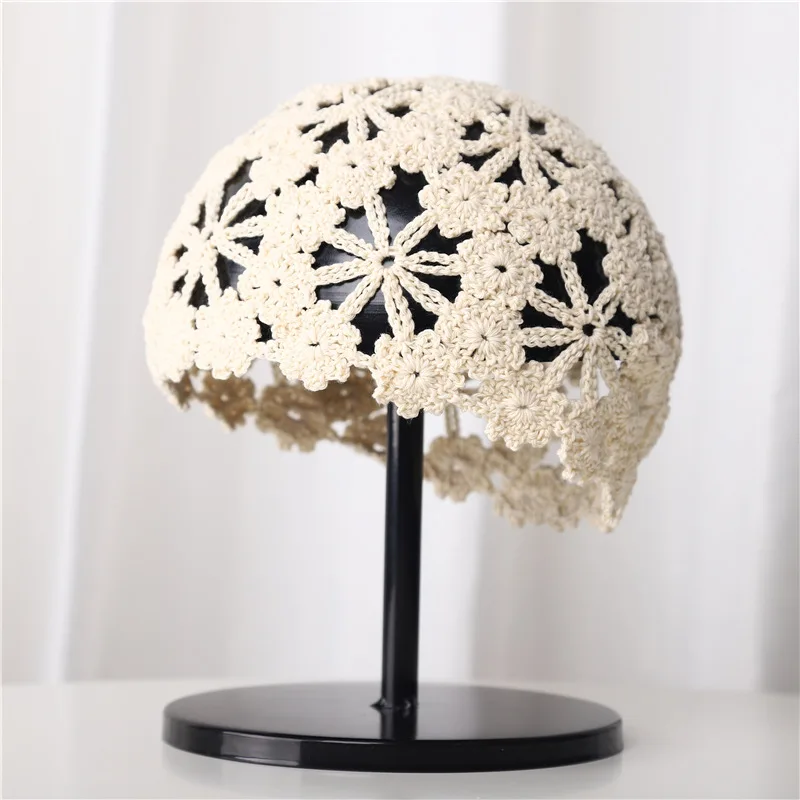 2024 Spring and Summer Handmade Knitting Flowers Cap Ladies Lace Breathable Turban Cap Fashion Knitted Wool Cap Wrapped Head Hat