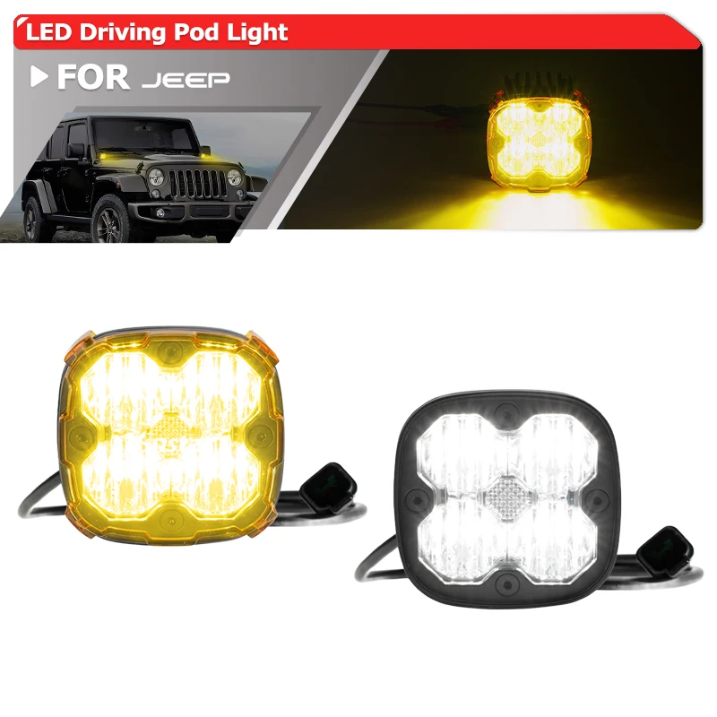 For 2007-2017 Jeep Wrangler JK JKU A-Pillar LED Offroad Driving Pod Auxiliary Lights w/ Windshield Hinge Mounting Brackets