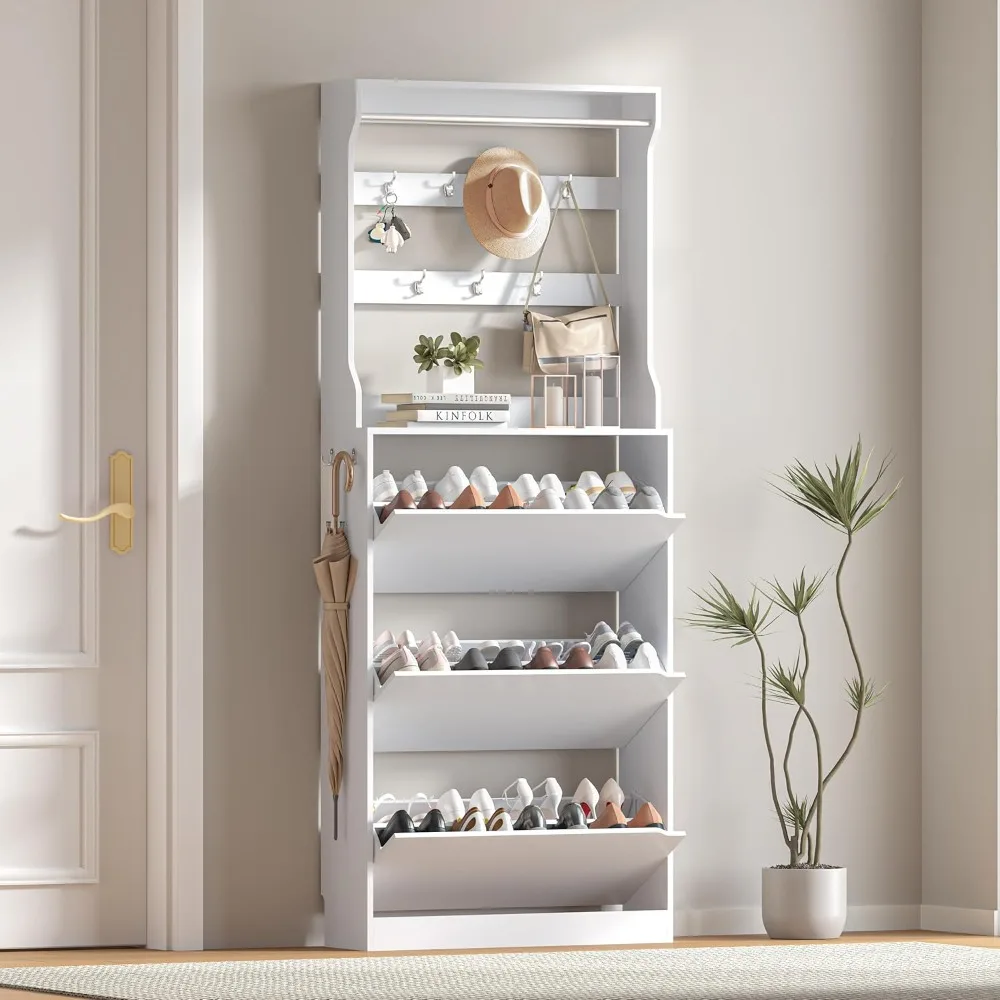 خزانة الأحذية لخزانة الأحذية للمدخل مع 3 أدراج قابلة للطي، خزانة أحذية ضيقة قائمة بذاتها، خشب طويل القامة #5